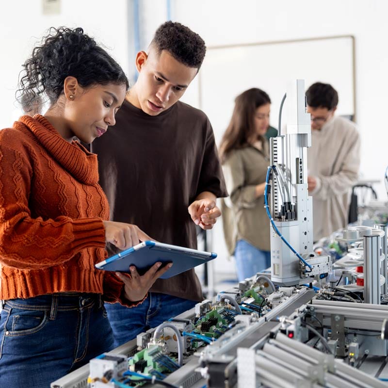 Two students collaborating on a tablet while working with robotics equipment in a classroom lab.